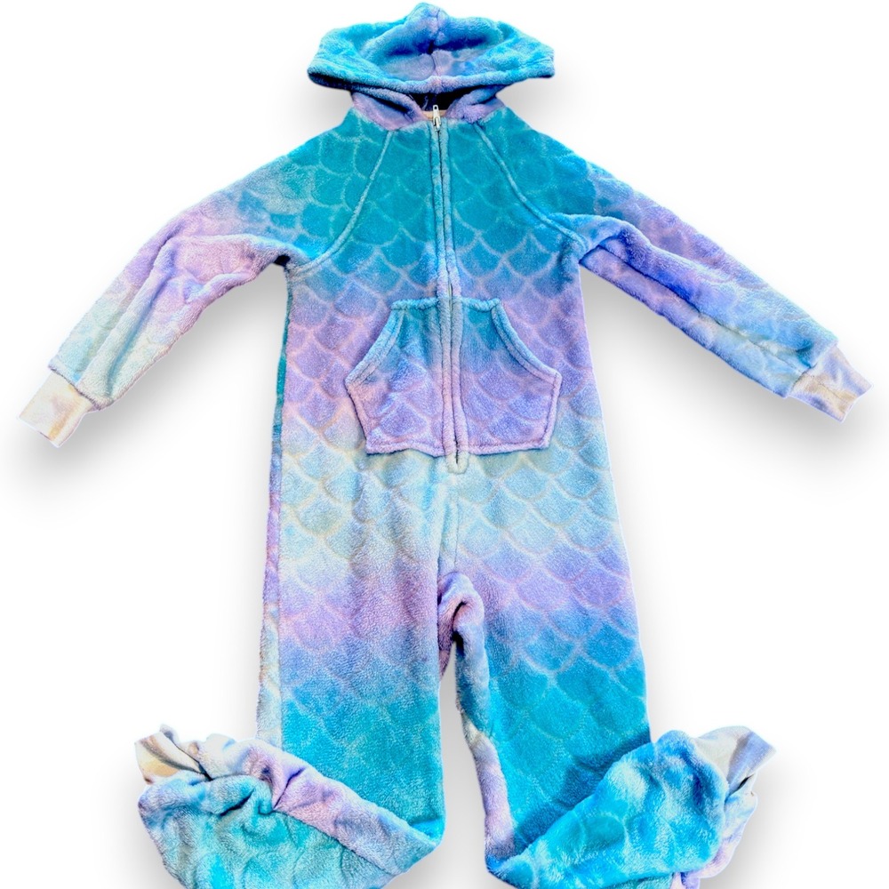More Than Magic Kids Blue Purple Mermaid Scale Fleece Hooded Union Suit XS 4/5